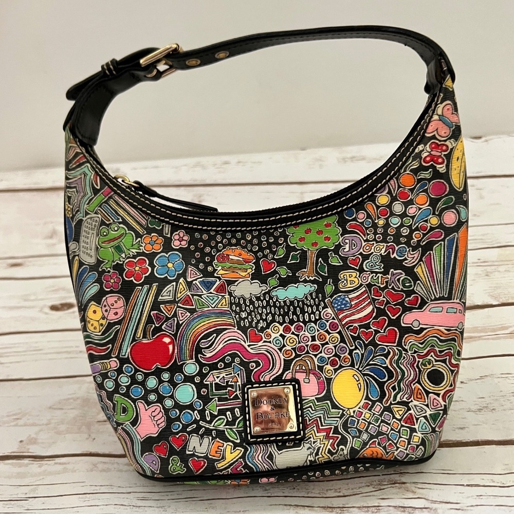 Dooney & Bourke Hobo Bag Black Multi Doodle Graffiti Print Small